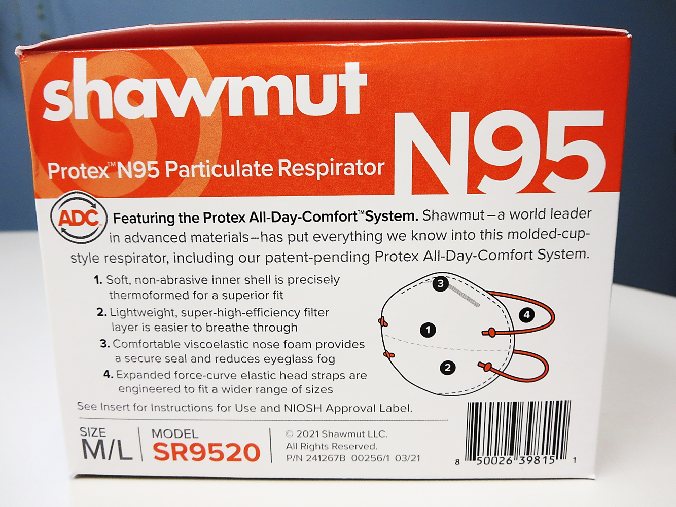 Model SR9520 Shawmut Protex Disposable N95 Molded-Cup Respirator Mask Box
